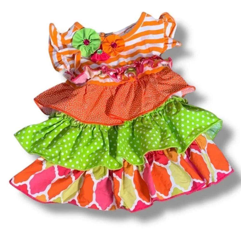 Rare Editions Infant Girls’ Orange‎ Striped Floral Appliqué Tiered Ruffle Dress